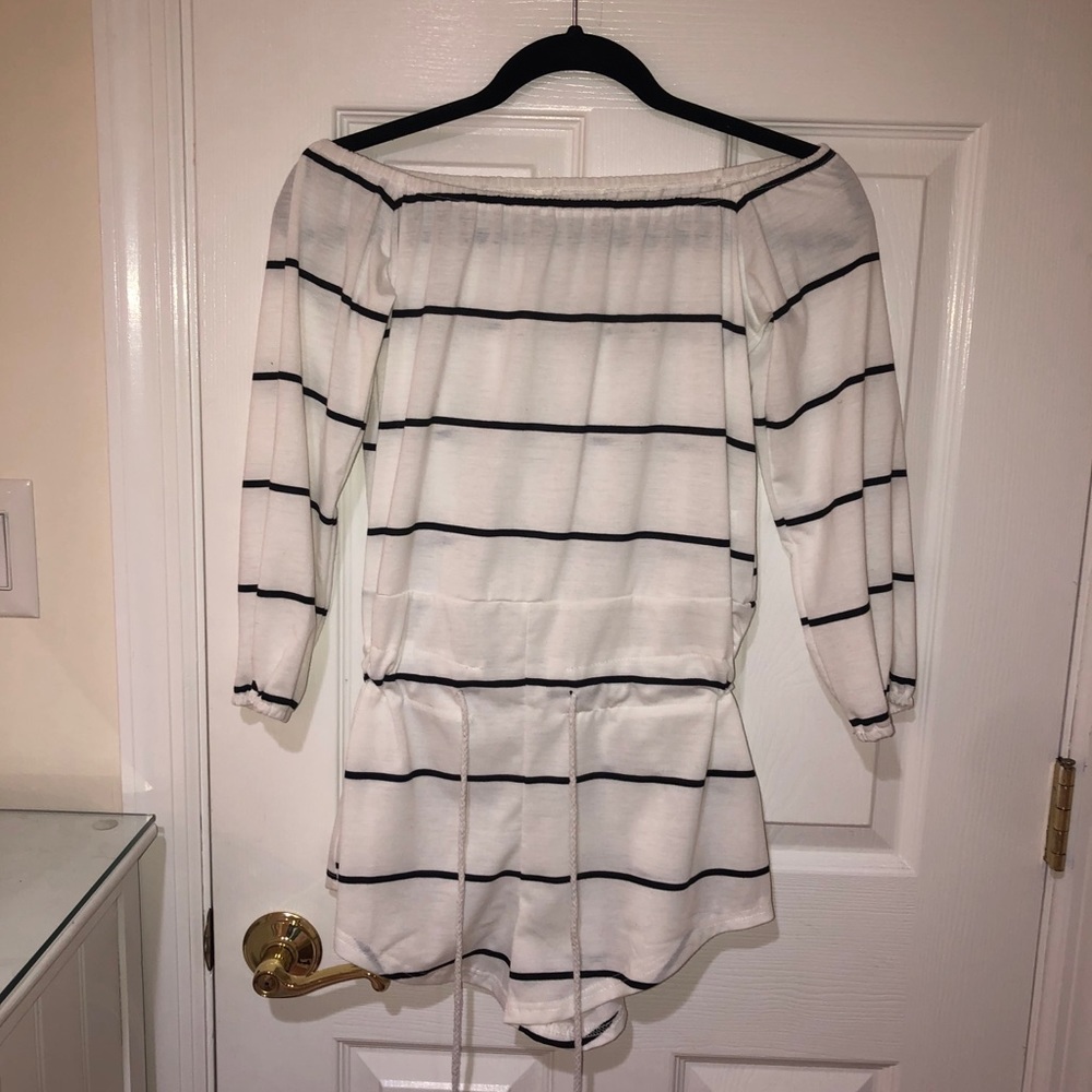 White with black stripe drawstring romper